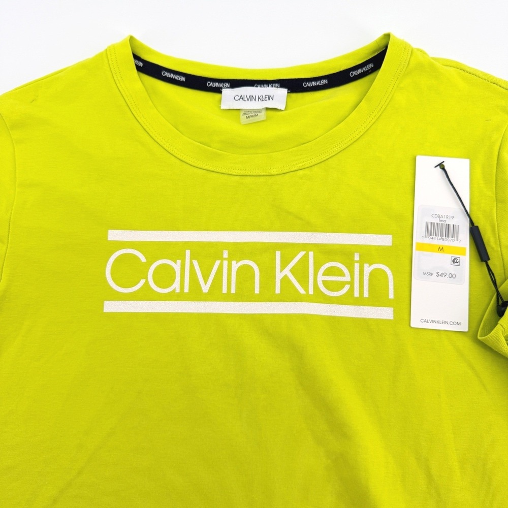Calvin Klein T-Shirt Dress Womens M Lime Green Logo Short Sleeve Mini NEW *Flaws